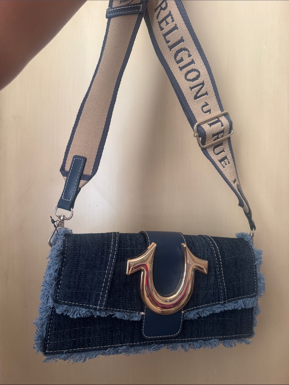 True Religion Frayed Dark Blue Denim Crossbody with Gold Horseshoe